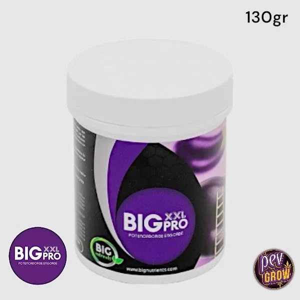 Bote de Big XXL Pro Big Nutrients con tapa blanca y etiqueta negra y morada; en la esquina superior se lee «130gr».