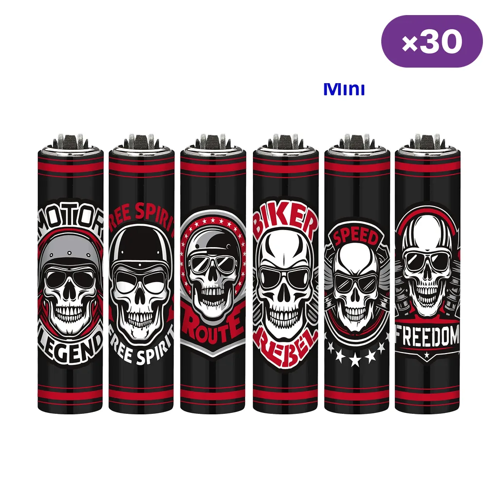 Selección de encendedores Mini Clipper Biker Skulls con diseños negros y rojos de calaveras moteras; distintivo de 30 unidades.