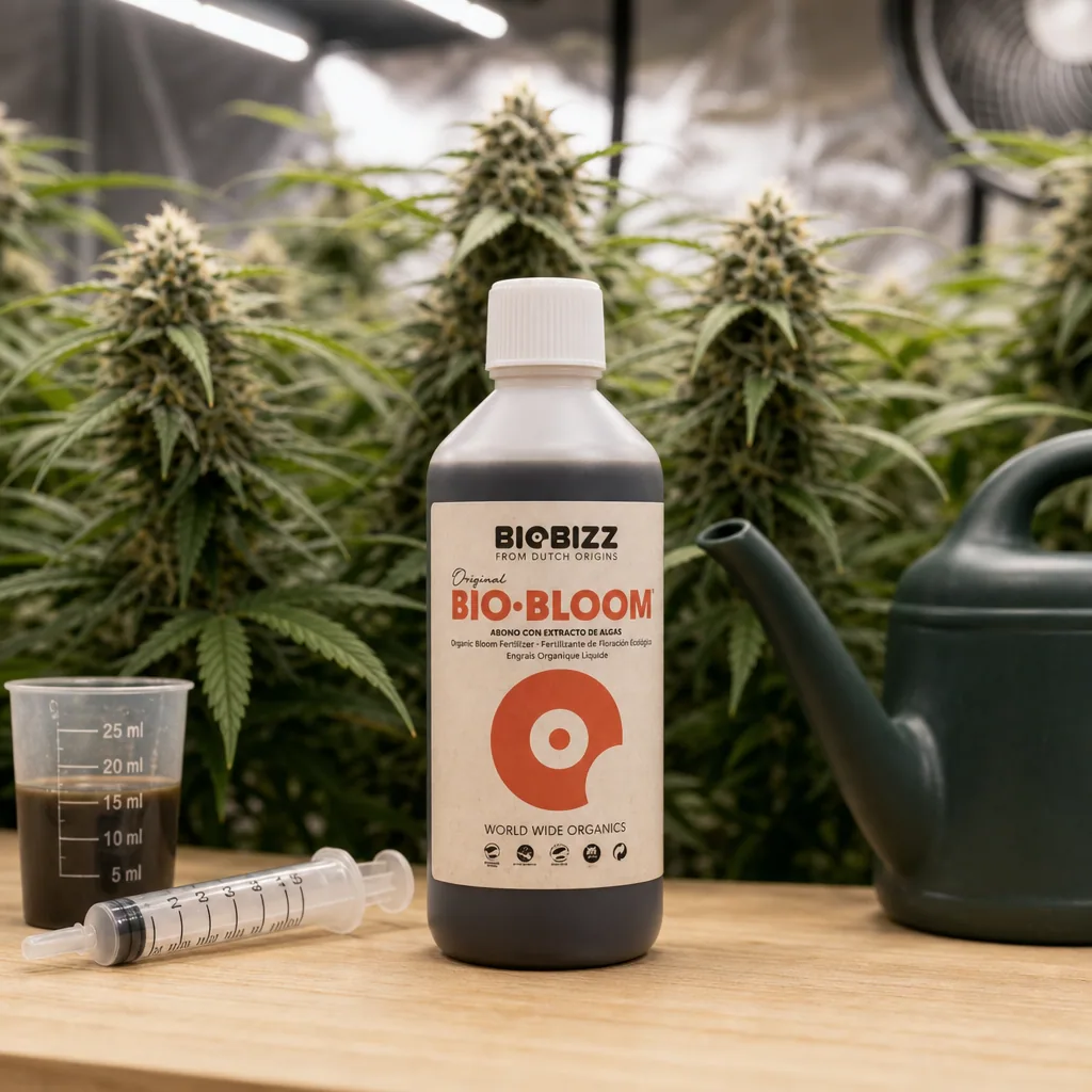 Botella de Bio Bloom BioBizz sobre una mesa con vaso medidor, jeringa y regadera, ante plantas de cannabis en floración.