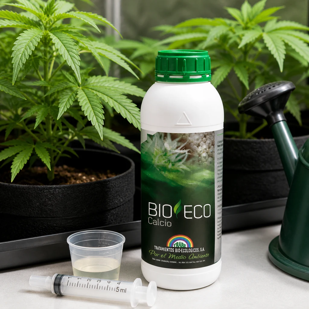Botella de Trabe Bio-Eco Calcio con tapón verde, junto a un vaso dosificador, una jeringa y una regadera, delante de plantas en macetas.