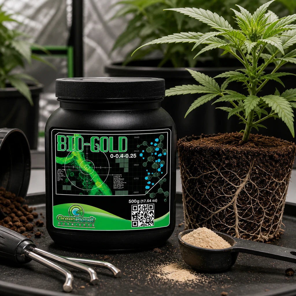 Escena generada de un bote Bio-Gold junto a una planta con raíces expuestas, una cuchara con polvo beige y herramientas de cultivo. Escena generada de un bote Bio-Gold junto a una planta con raíces expuestas, una cuchara con polvo beige y herramientas de cultivo.