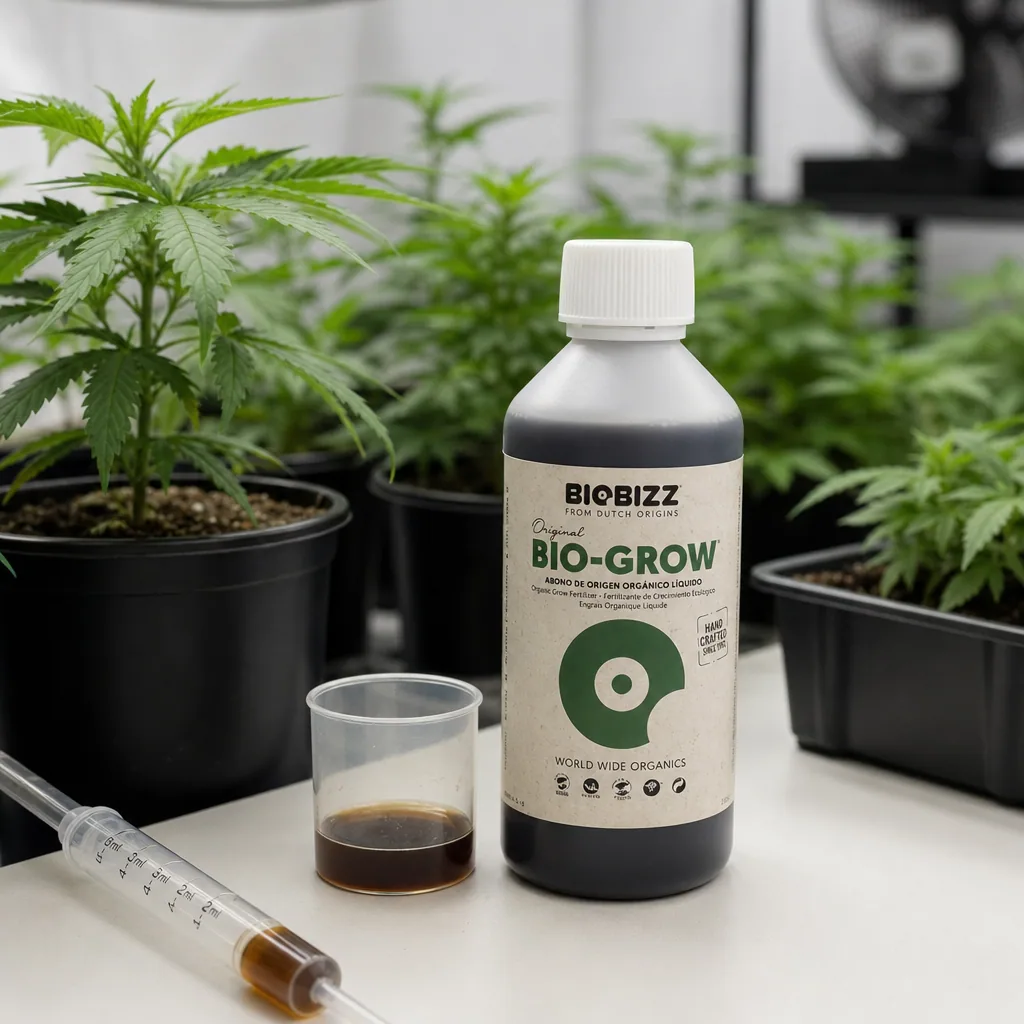 Botella de Bio Grow BioBizz junto a un vaso con líquido oscuro y una jeringa dosificadora, entre plantas en macetas. Botella de Bio Grow BioBizz junto a un vaso con líquido oscuro y una jeringa dosificadora, entre plantas en macetas.