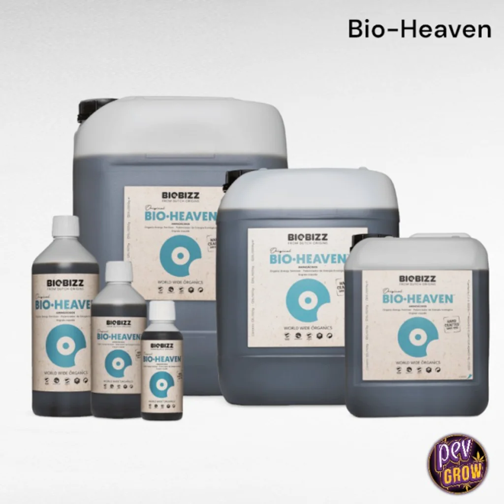 Selección de formatos de Bio-Heaven de BioBizz, con botellas y garrafas de distintos tamaños y etiquetas blancas con detalles turquesa.