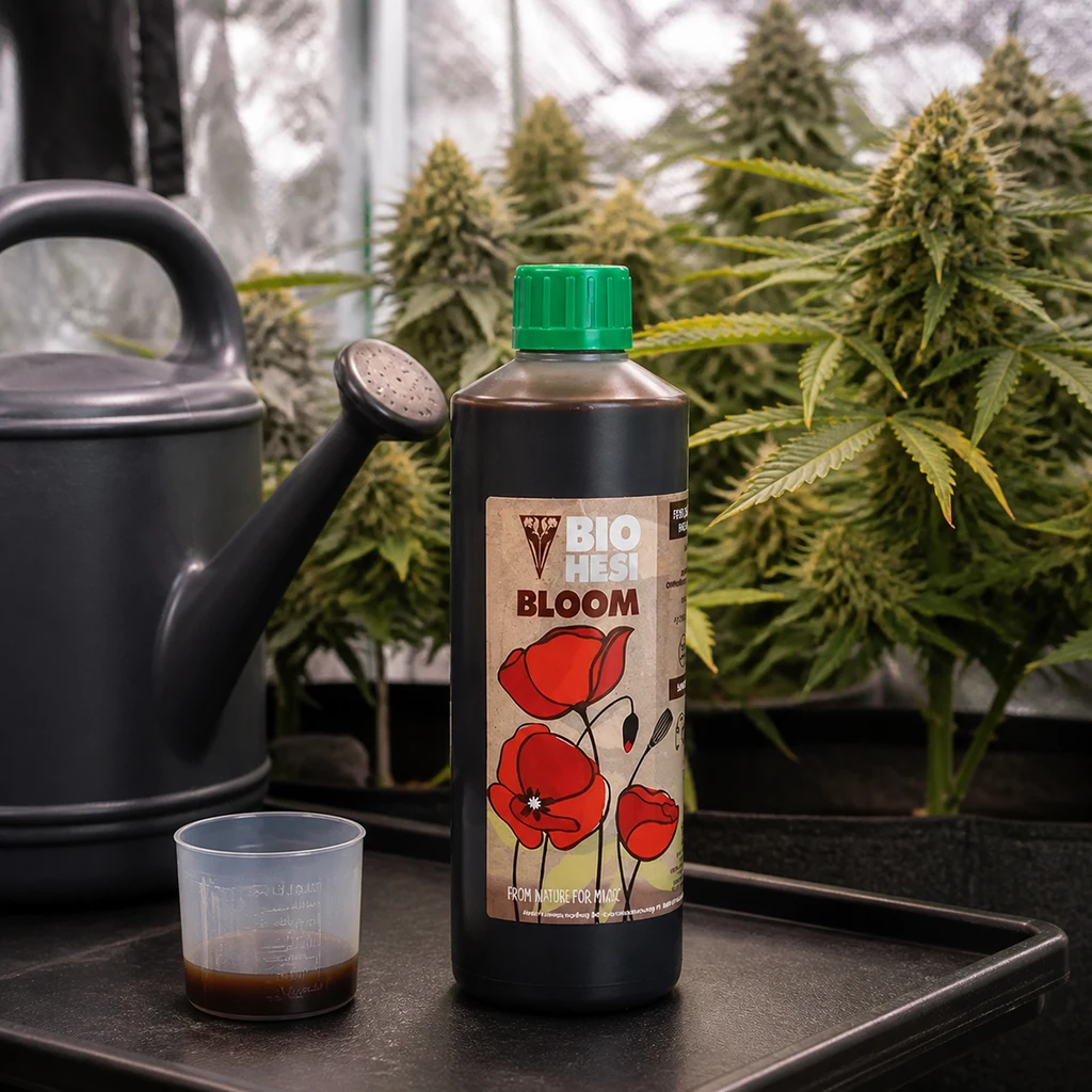Botella de Bio Hesi Bloom con tapón verde y etiqueta de flores rojas, junto a un vaso dosificador y una regadera entre plantas.