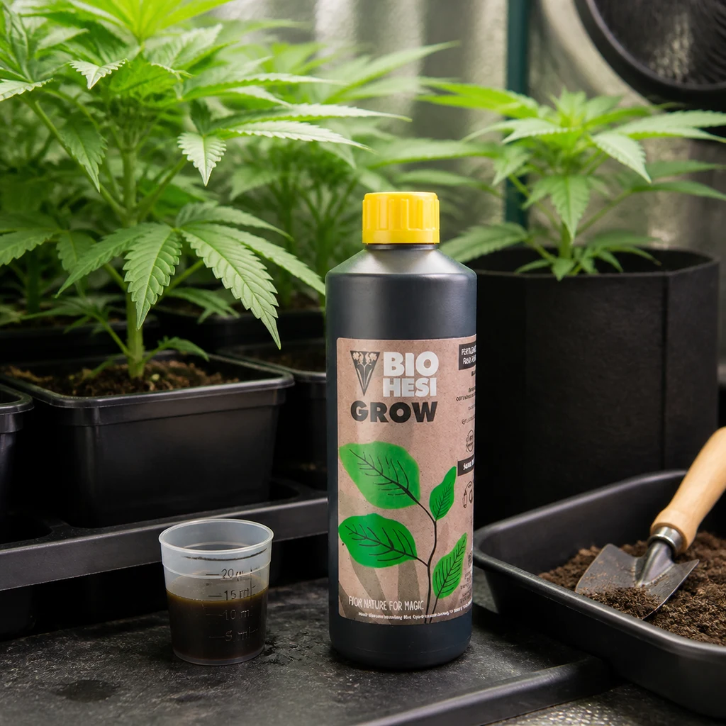 Botella de Bio Hesi Grow con tapón amarillo junto a un vaso dosificador, macetas con plantas y una pala sobre sustrato.