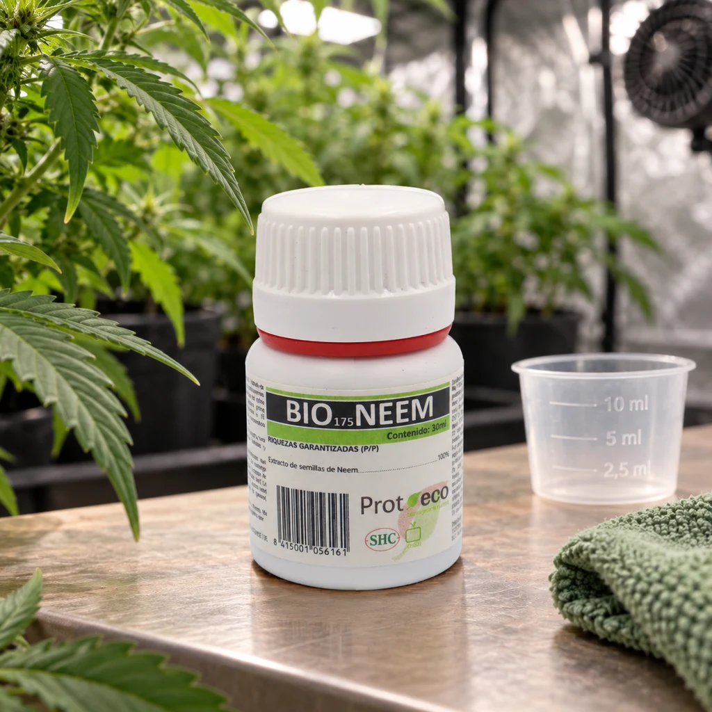 Bote blanco de Bio Neem Prot-Eco con tapón estriado, junto a un vaso medidor y un paño verde sobre una mesa, con plantas al fondo.