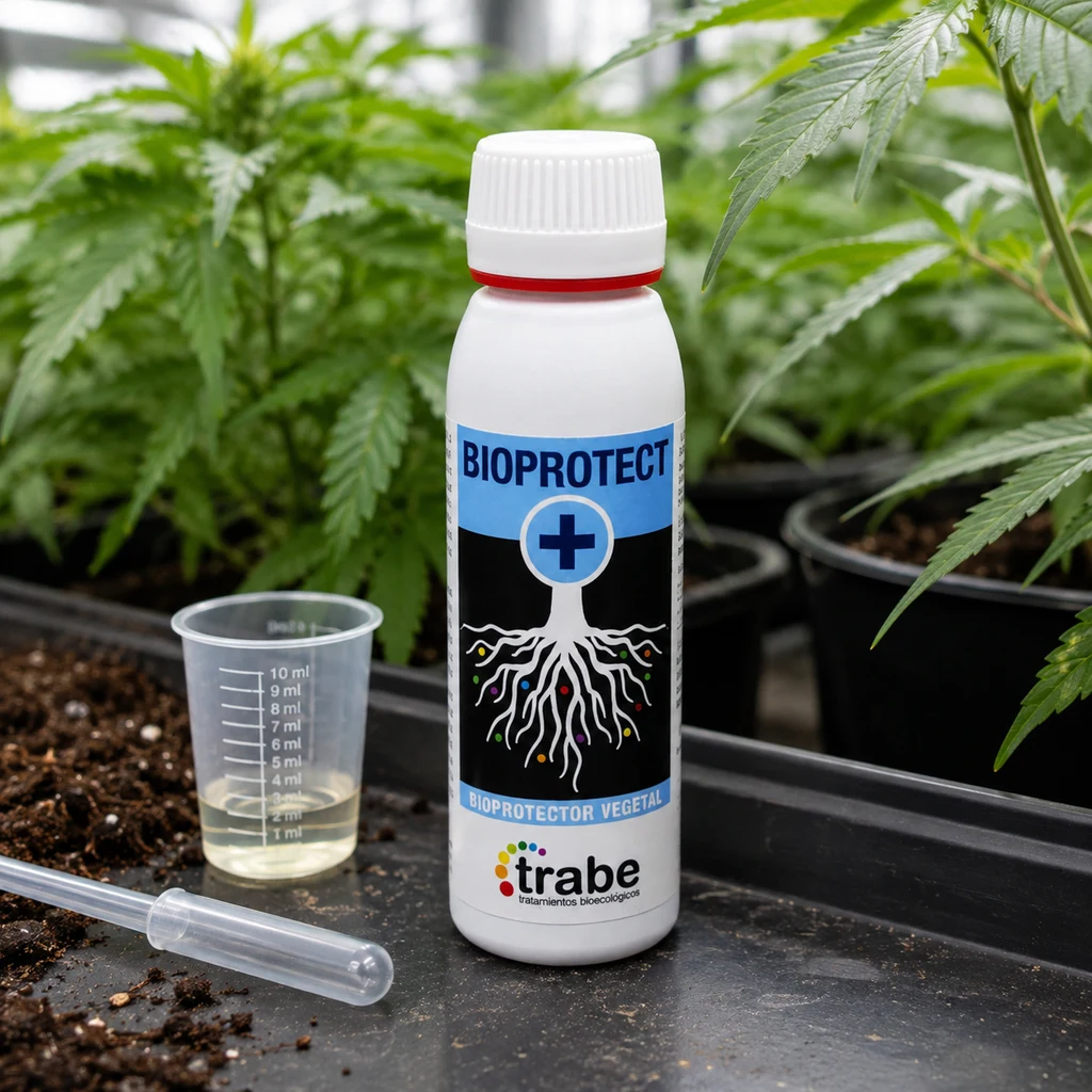 Bote blanco de Bio Protect + Trabe junto a un vaso graduado y una pipeta, con plantas en macetas al fondo.