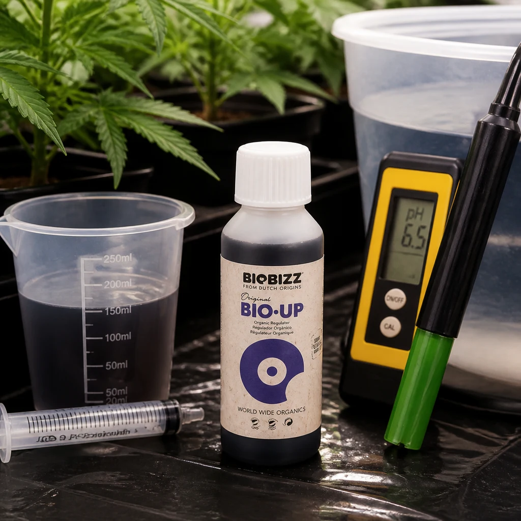 Botella de Biobizz Bio·Up junto a un vaso graduado, una jeringa y un medidor que muestra pH 6,5, con plantas al fondo.