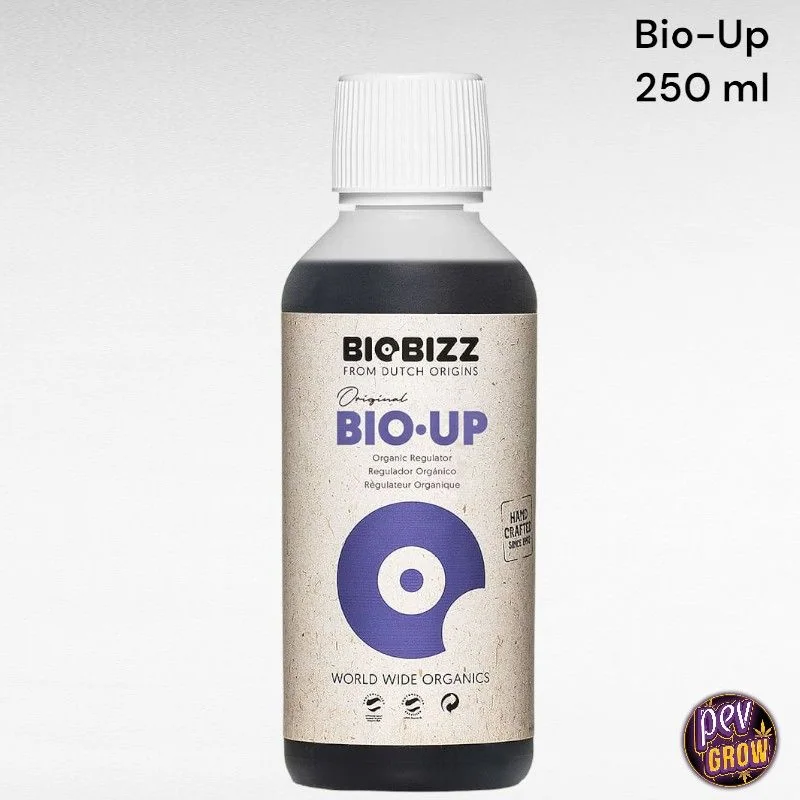 Botella de Biobizz Bio·Up con tapón blanco y etiqueta beige y violeta, sobre fondo blanco con el texto «Bio-Up 250 ml».
