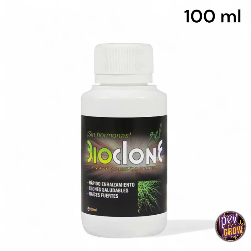 Bote blanco de BioClone Gel de 100 ml, con tapón blanco y etiqueta negra y verde con un dibujo de raíces, sobre fondo blanco.
