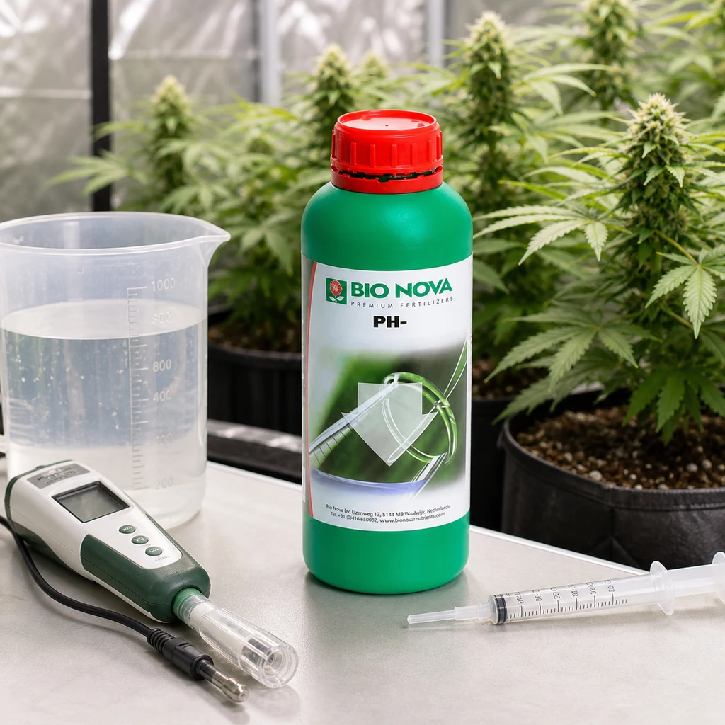 Escena generada de un bote verde Bio Nova pH- con tapón rojo, junto a una jarra, un medidor y una jeringa, con plantas de cannabis detrás.