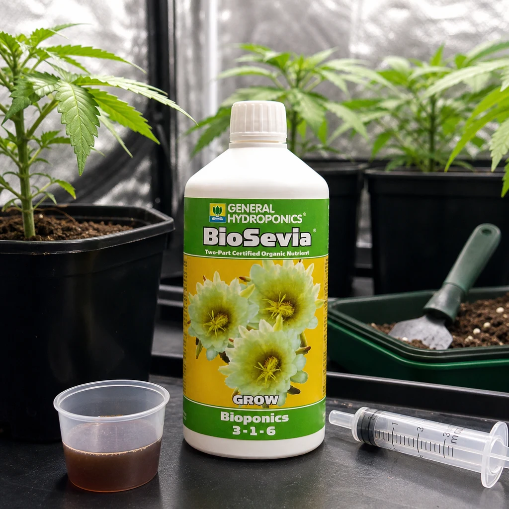 Botella de BioSevia Grow entre plantas en macetas, con un vaso de líquido marrón y una jeringa dosificadora en primer plano.