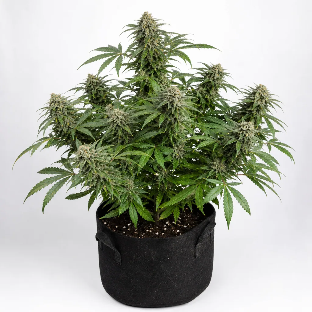 Planta de Black Domina CBD en floración, con abundantes cogollos y hojas verdes, en maceta textil negra sobre fondo blanco.