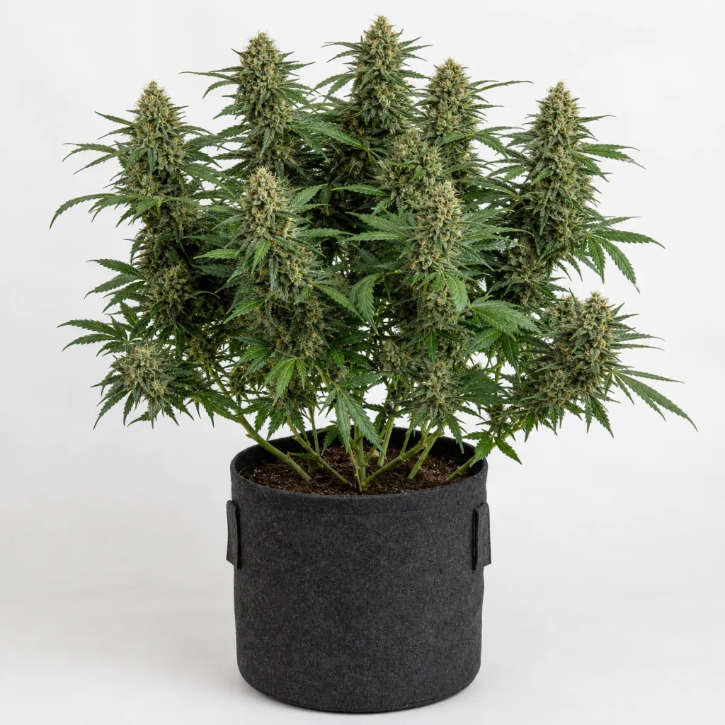 Planta de Black Hole Feminizada – Elite Seeds en floración, con abundantes cogollos y hojas verdes, en maceta textil gris.