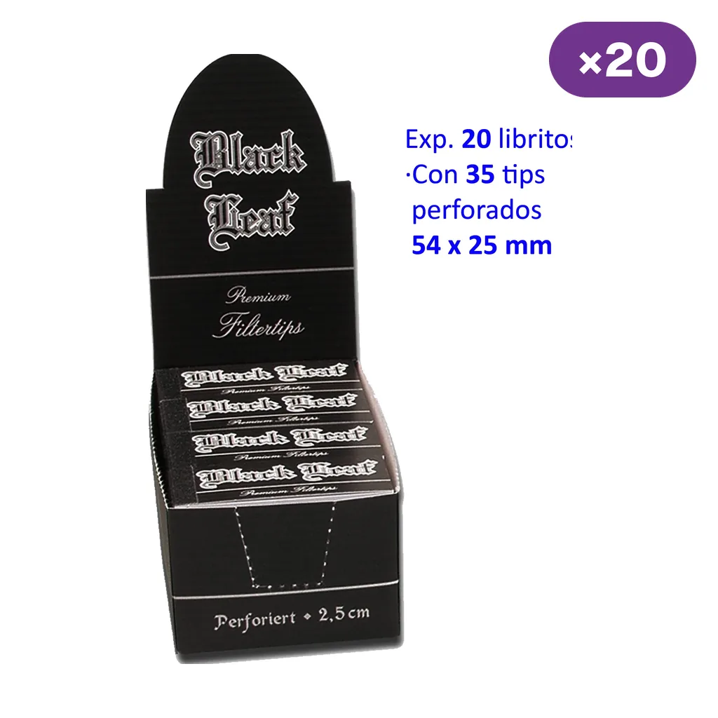 Expositor negro de tips Black Leaf con varios libritos; el texto indica 20 libritos con 35 tips perforados de 54 × 25 mm.