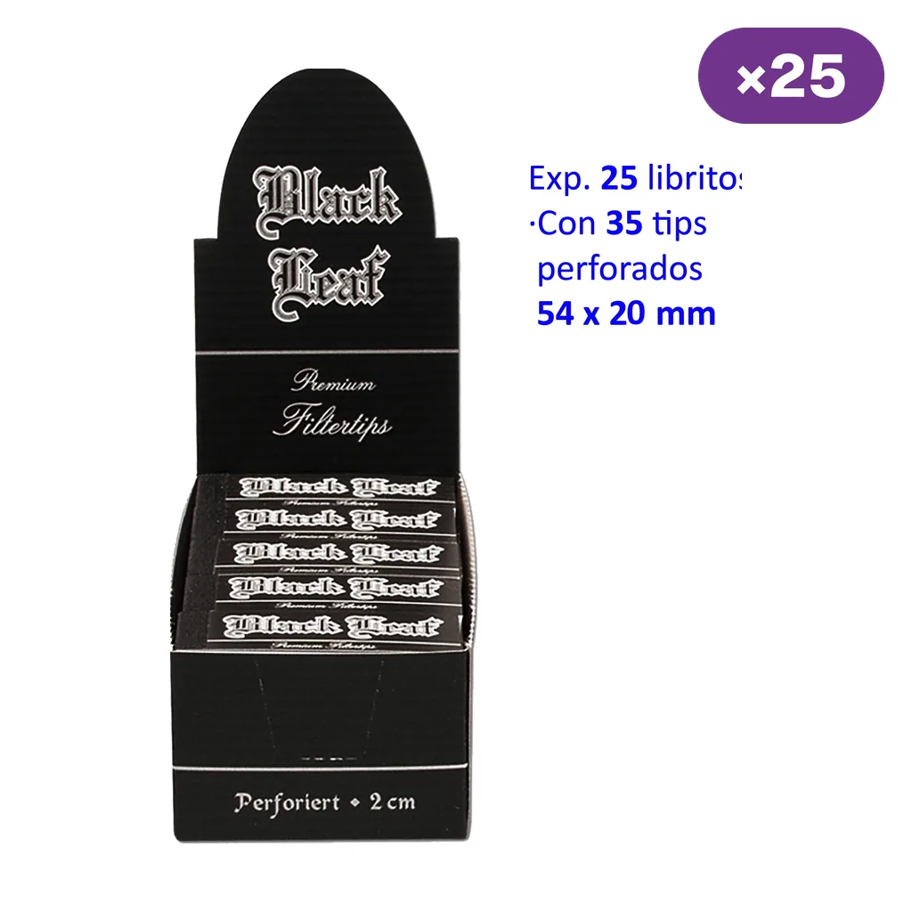 Expositor negro Black Leaf con libritos de tips; el texto indica 25 libritos con 35 tips perforados de 54 × 20 mm. Expositor negro Black Leaf con libritos de tips; el texto indica 25 libritos con 35 tips perforados de 54 × 20 mm.