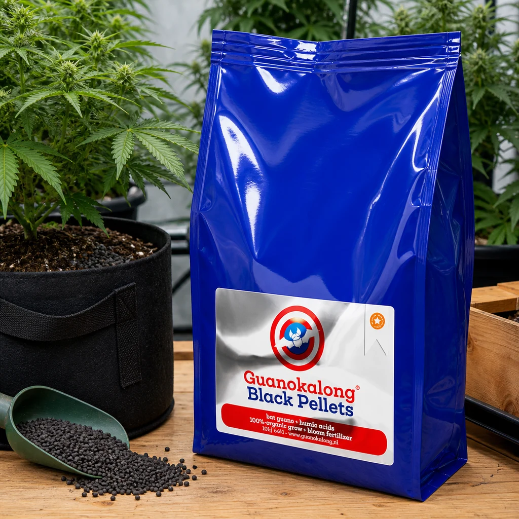 Bolsa azul de Black Pellets GuanoKalong sobre una mesa, con gránulos oscuros en una pala y plantas en macetas al fondo. Bolsa azul de Black Pellets GuanoKalong sobre una mesa, con gránulos oscuros en una pala y plantas en macetas al fondo.