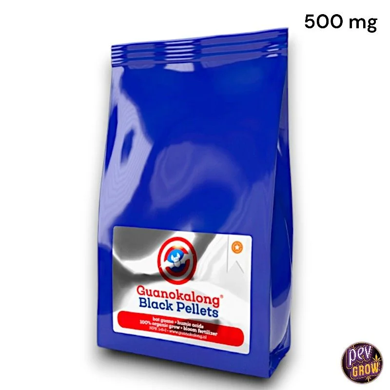 Bolsa azul de Black Pellets GuanoKalong con etiqueta plateada, blanca y roja; texto «500 mg» en la esquina superior derecha.