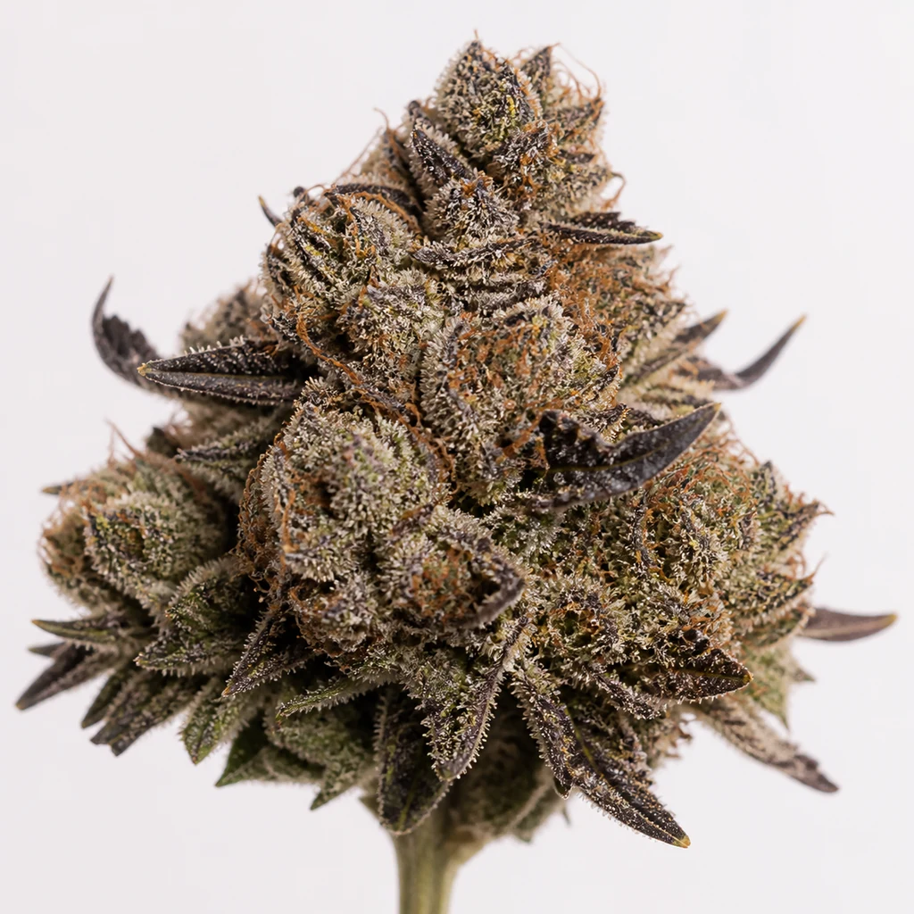 Ilustración de un cogollo con hojas oscuras, pelos naranjas y superficie escarchada para la ficha de BlackBerry 420 Autofloreciente de Fast Buds.