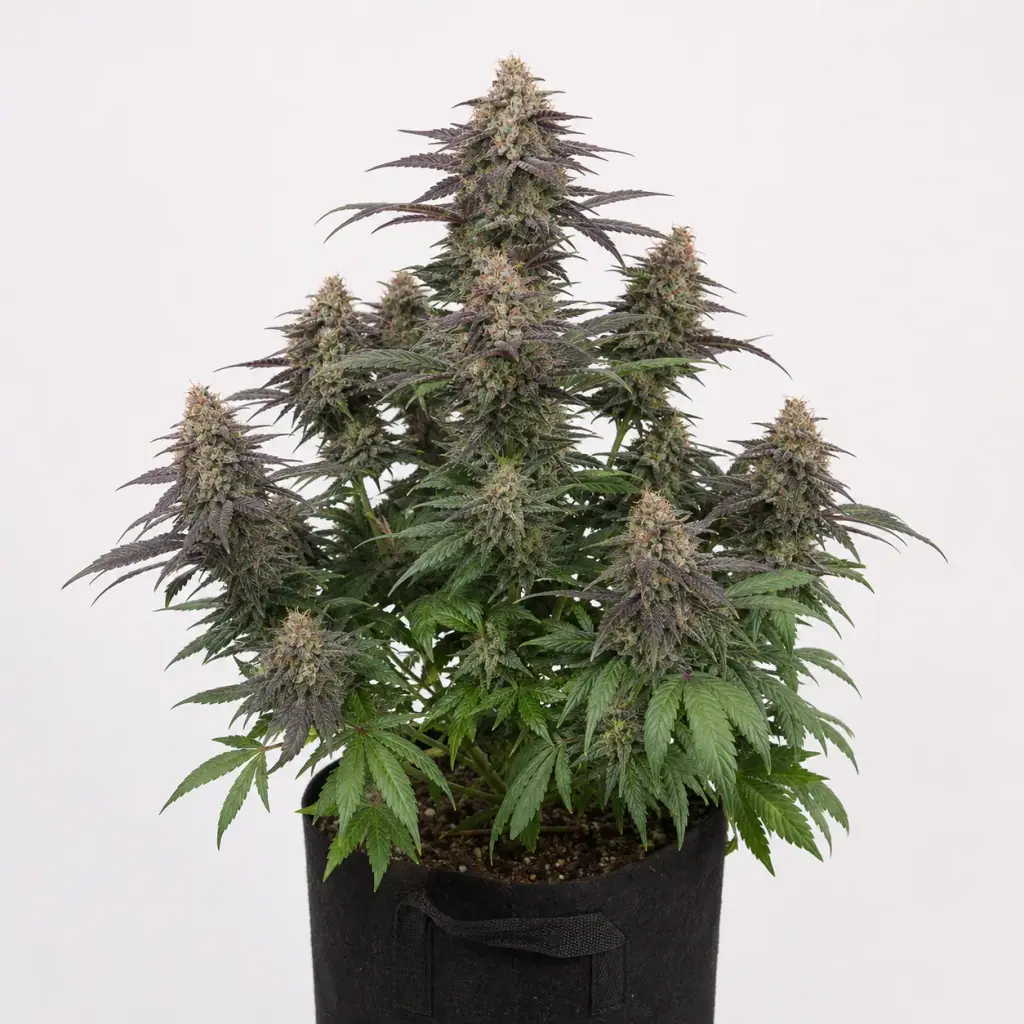 Planta de Bloody Skunk Auto en maceta negra de tela, con varias colas florales, hojas verdes y púrpuras sobre fondo claro.