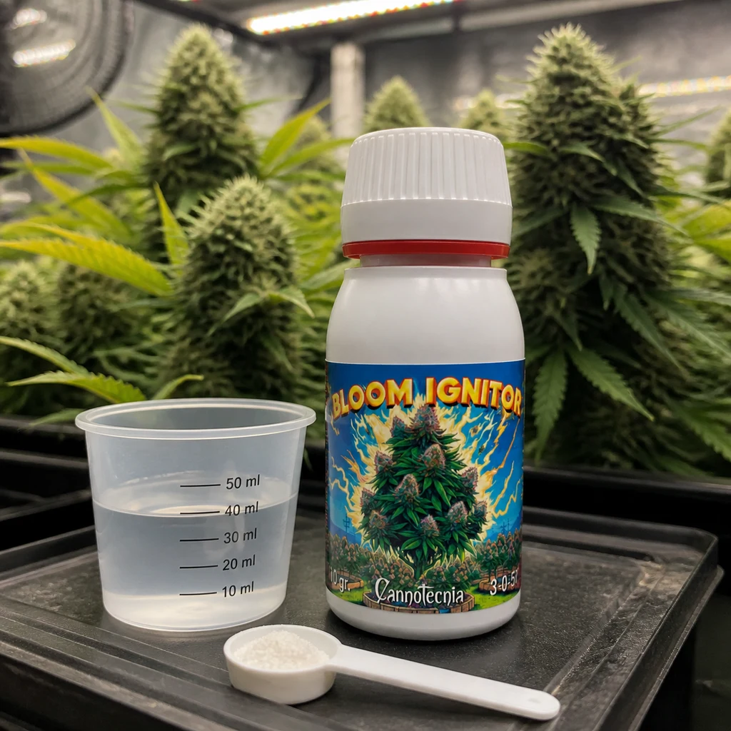 Bote de Bloom Ignitor junto a un vaso graduado con líquido y una cucharilla con polvo blanco, ante plantas de cannabis en floración.