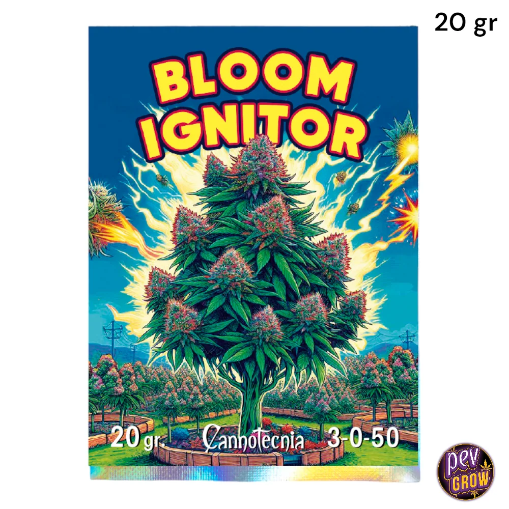 Envase de Bloom Ignitor Cannotecnia de 20 gr, con una planta ilustrada entre rayos amarillos y la fórmula 3-0-50 sobre fondo azul.