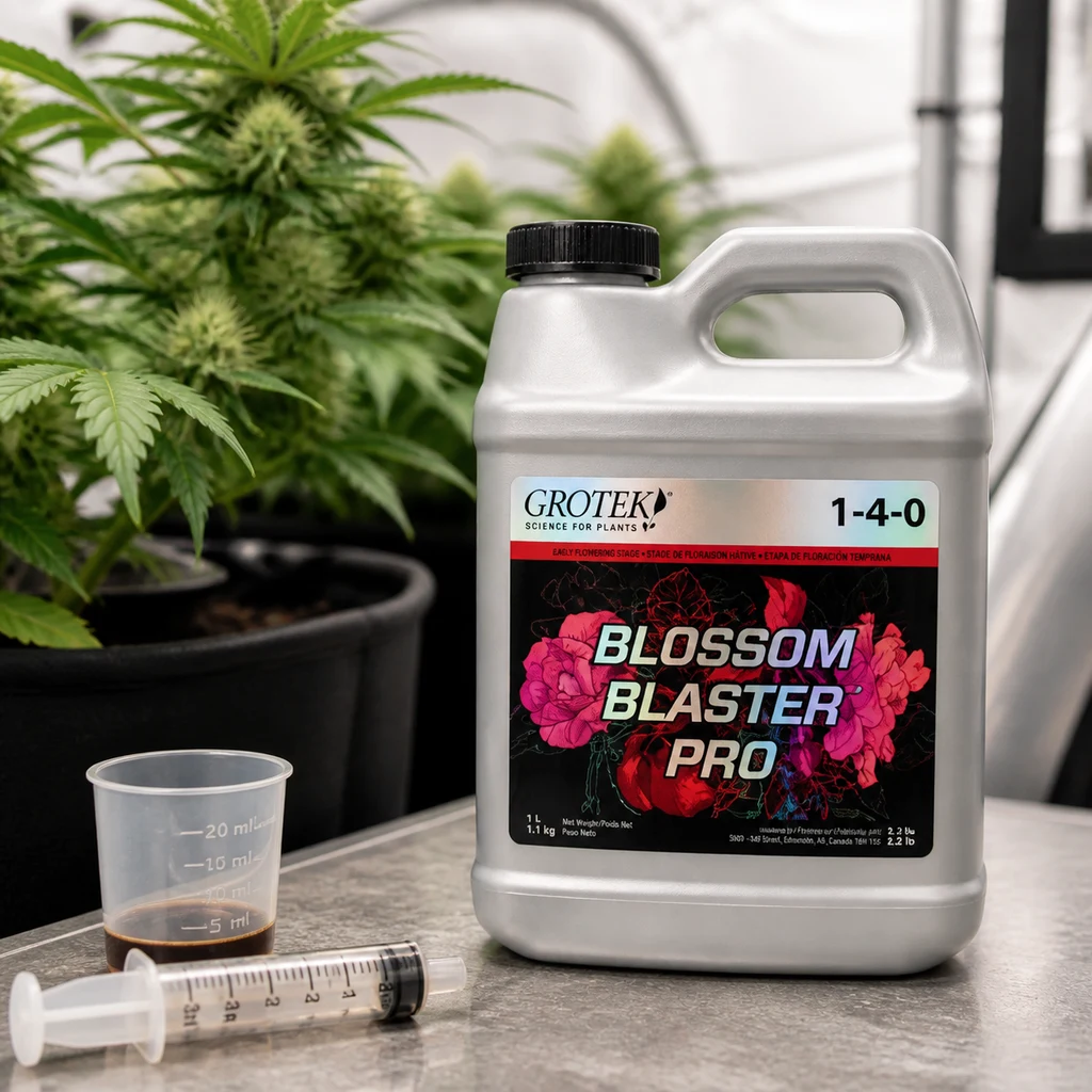 Garrafa de Blossom Blaster Pro Grotek con etiqueta 1-4-0, junto a un vaso dosificador y una jeringa, con plantas al fondo. Garrafa de Blossom Blaster Pro Grotek con etiqueta 1-4-0, junto a un vaso dosificador y una jeringa, con plantas al fondo.