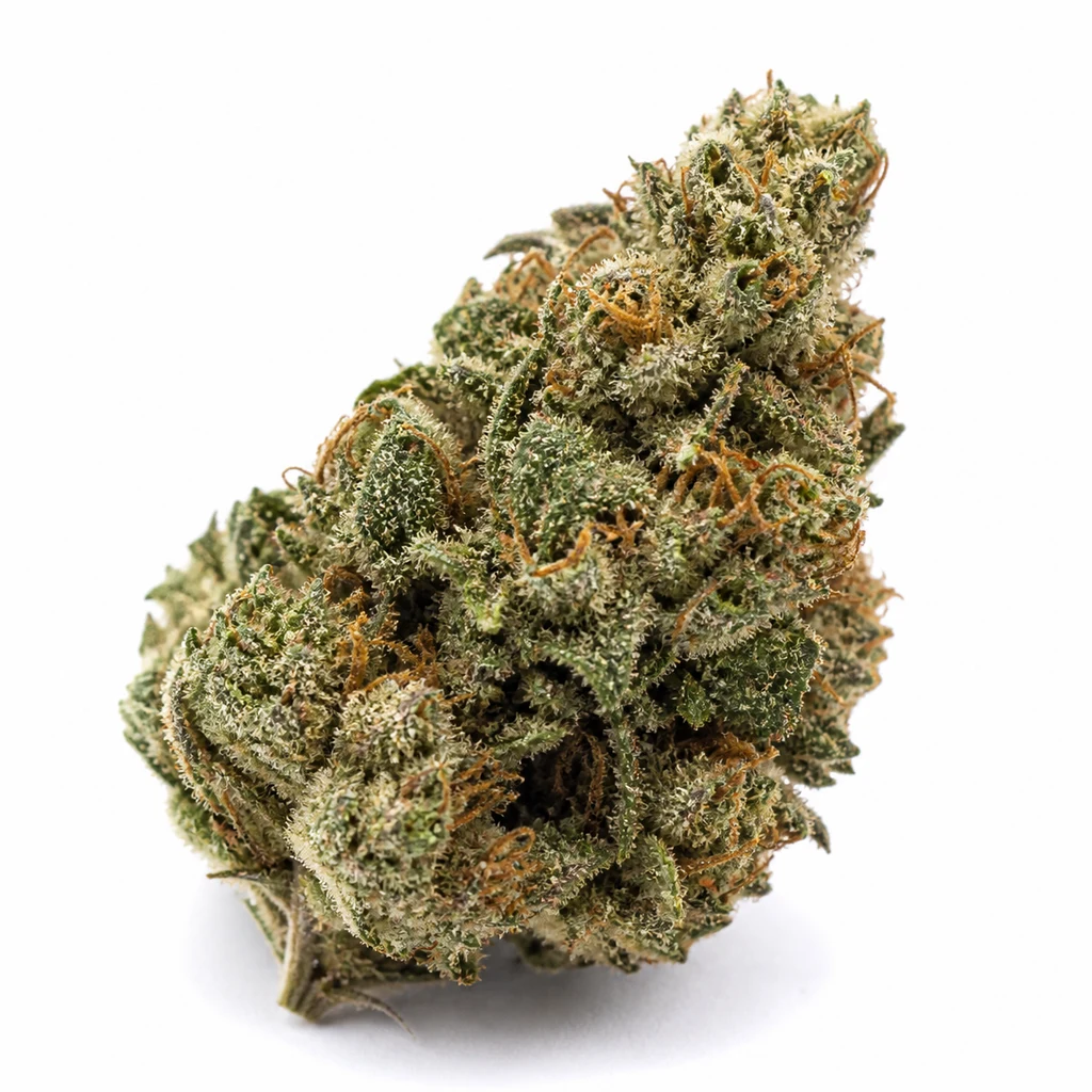 Ilustración de un cogollo verde con pistilos anaranjados y superficie blanquecina para la ficha de Blue Dream Haze Feminizada.