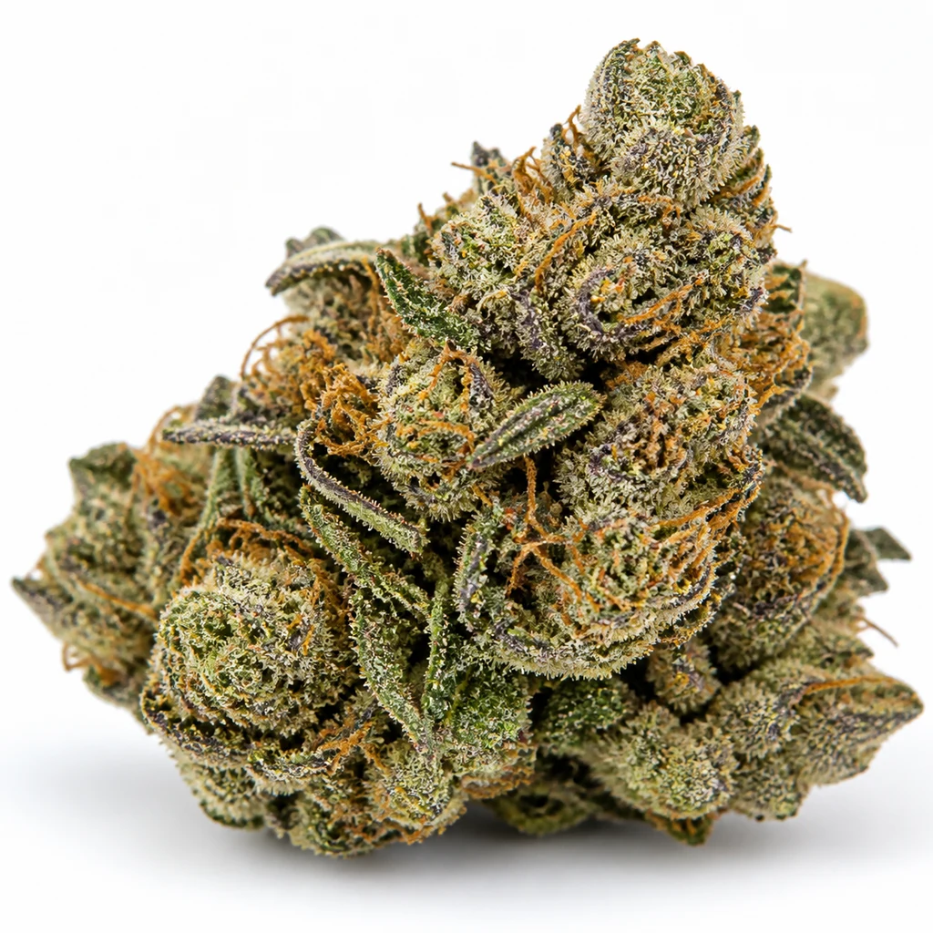 Ilustración de un cogollo con punta inclinada, hojas verdes y moradas y pistilos naranjas para la ficha de Blue Sunset Sherbert Feminizada.