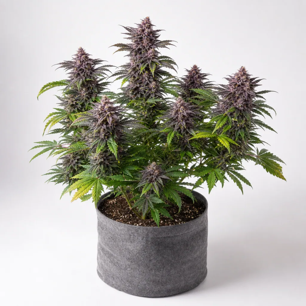 Planta de Auto Blueberry Berry en maceta gris, con varias colas de flores moradas y hojas verdes y amarillentas sobre fondo claro.