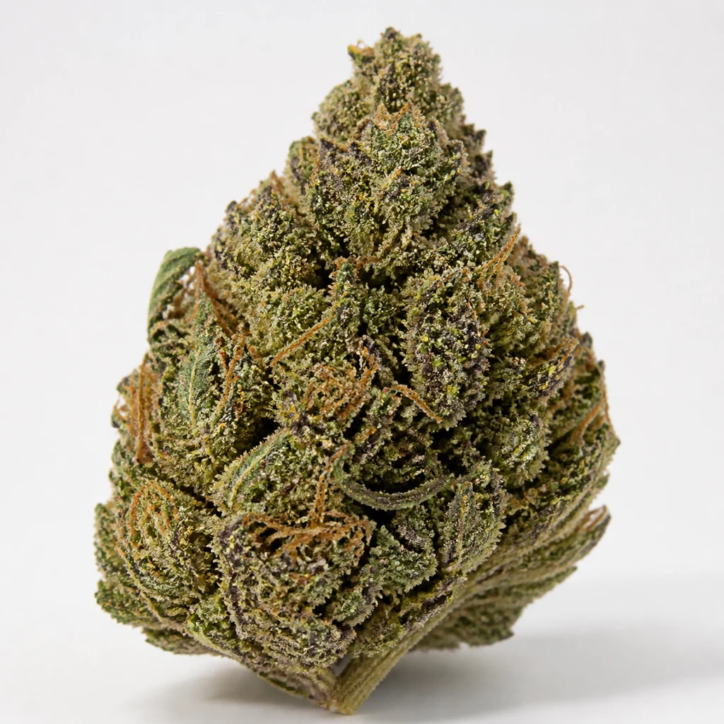 Ilustración de un cogollo para la ficha de Blueberry Autofloreciente de Nirvana Seeds, con tonos verdes y oscuros y pistilos anaranjados.