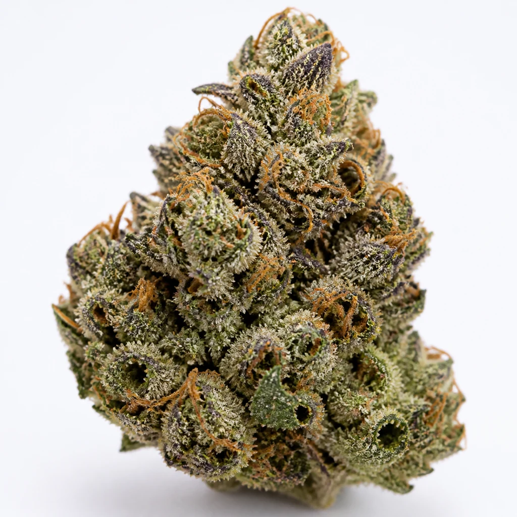 Ilustración de un cogollo para la ficha de Blueberry Feminizada de BSF Seeds, con tonos verdes y morados, filamentos anaranjados y cobertura blanquecina.