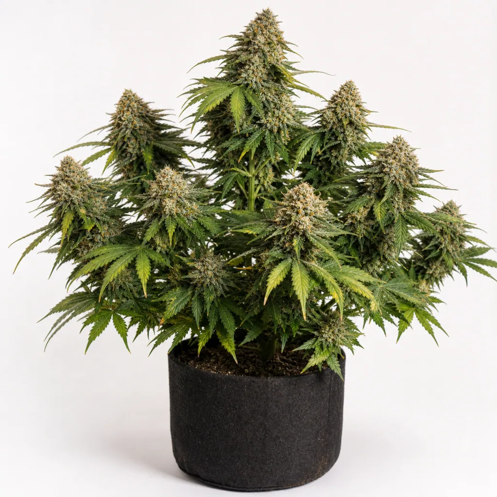 Planta Blueberry Bubblegum Auto de Sensi Seeds en maceta negra, con abundantes cogollos y hojas verdes y amarillentas sobre fondo blanco.