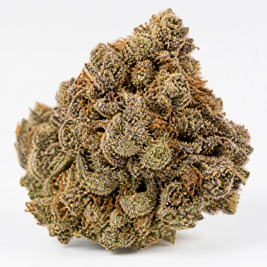 Ilustración de un cogollo verde y morado con filamentos anaranjados sobre fondo blanco para la ficha de Blueberry Cookies Auto.