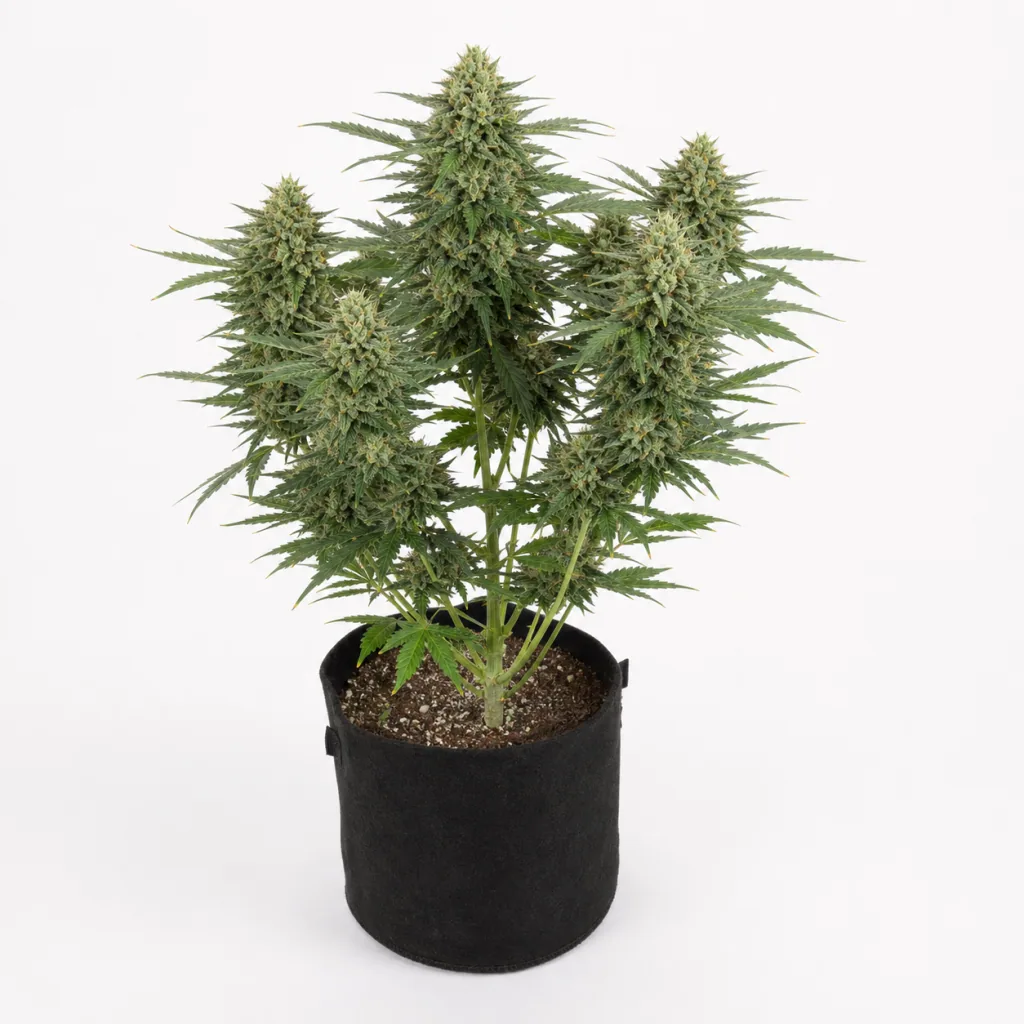 Planta de Blueberry Headband en floración, con abundantes cogollos y hojas dentadas, en una maceta de tela negra sobre fondo blanco.
