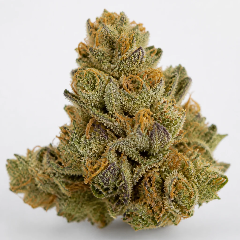 Ilustración de un cogollo verde con zonas moradas y filamentos naranjas para la ficha de Blueberry Honey Feminizada de Humboldt Seed Company.