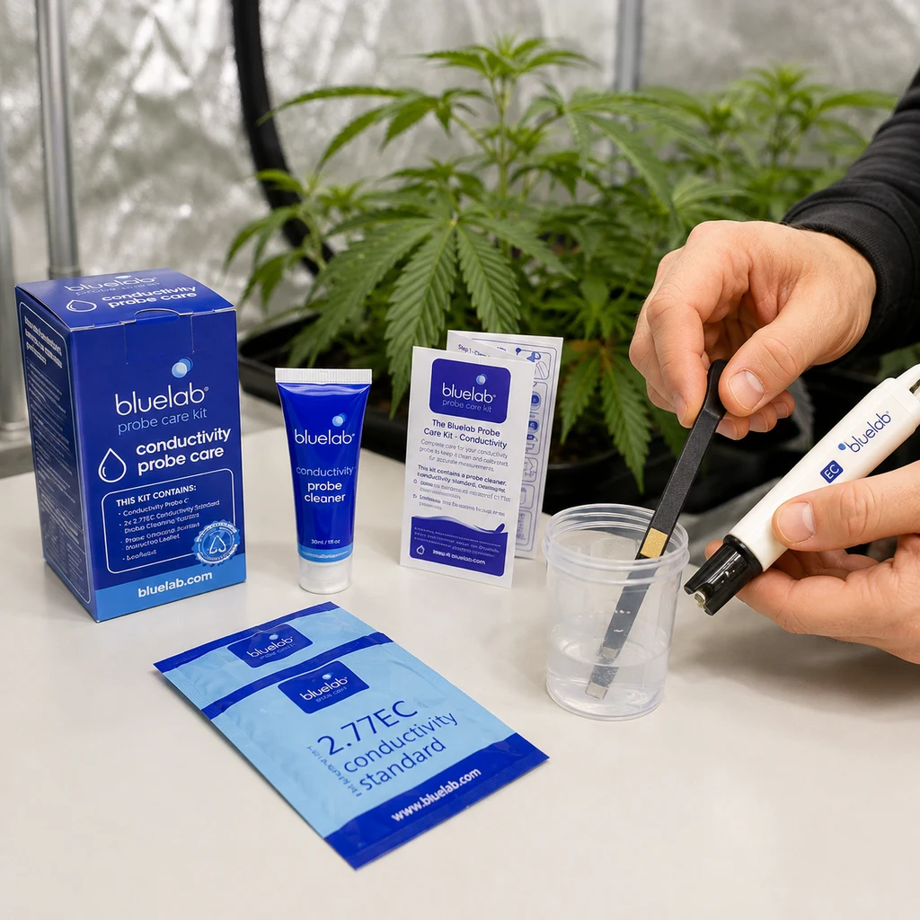 Manos con una sonda EC Bluelab y una tira junto a un vaso, con limpiador, sobres de solución 2.77 EC y caja del kit de cuidado.