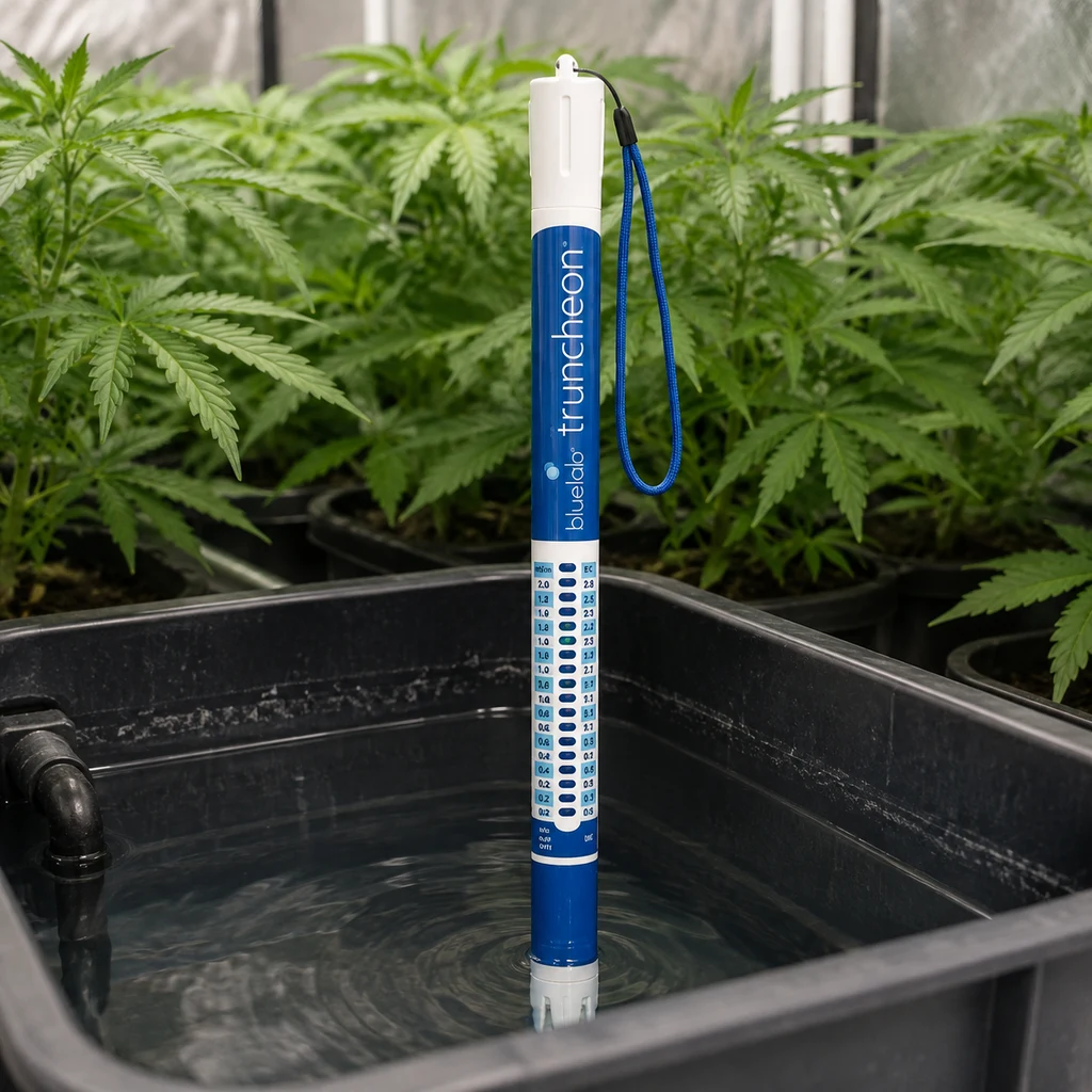 Medidor EC BlueLab Truncheon azul y blanco, colocado verticalmente con el extremo sumergido en un depósito, rodeado de plantas.