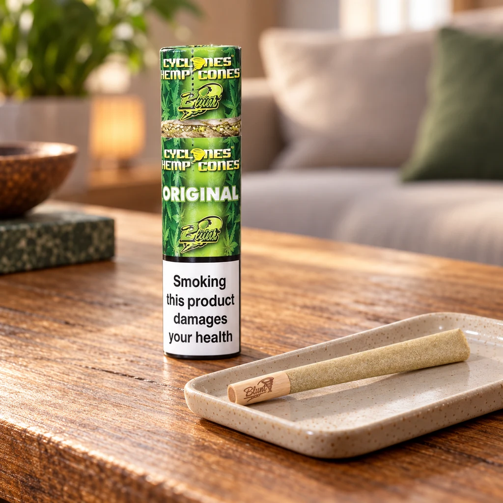 Blunt cónico Cyclones sobre una bandeja, junto a su envase verde Original con advertencia sanitaria, en una mesa de madera. Blunt cónico Cyclones sobre una bandeja, junto a su envase verde Original con advertencia sanitaria, en una mesa de madera.