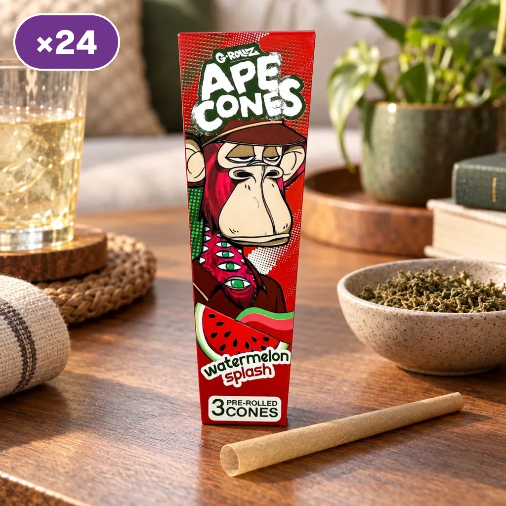 Envase rojo de G-Rollz Ape Cones Watermelon Splash con un simio ilustrado, junto a un cono sobre una mesa y un distintivo de 24 unidades.