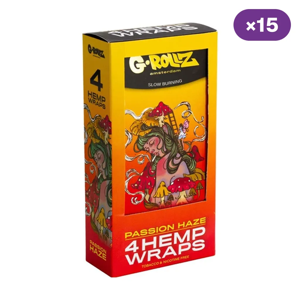 Caja G-Rollz Passion Haze amarilla y roja, con ilustración de una mujer entre setas y rótulo de cuatro wraps de cáñamo.