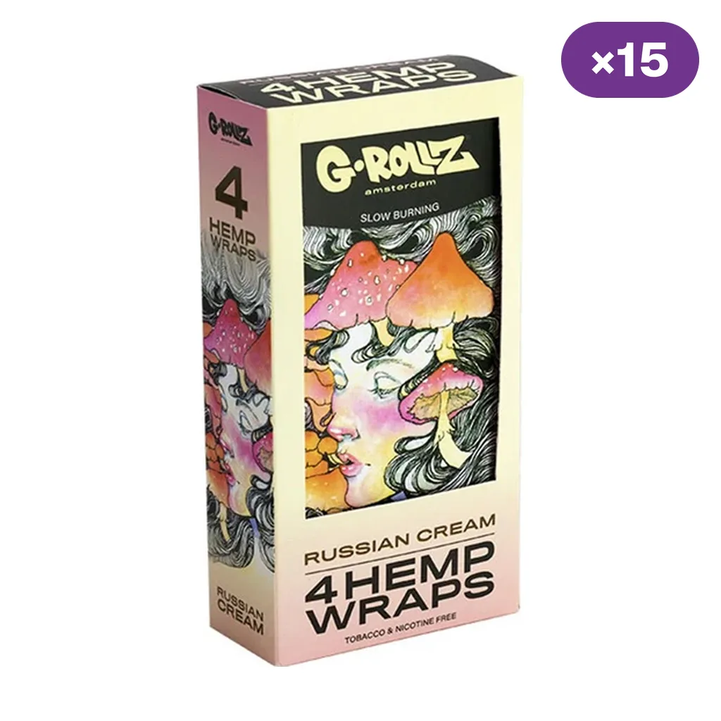 Envase G-Rollz Russian Cream de 4 hemp wraps, decorado con un rostro y setas de colores, junto a un distintivo de 15 unidades.