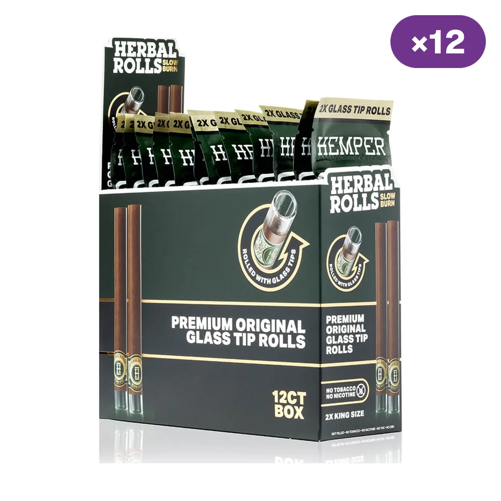Expositor Hemper Original con sobres de dos rolls con boquilla de vidrio, envases verde oscuro y distintivo de 12 unidades.