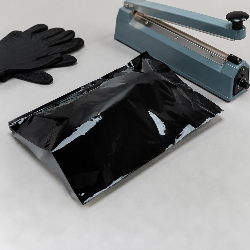 Bolsa negra brillante extendida sobre una mesa delante de una selladora térmica de palanca, con guantes negros a un lado.