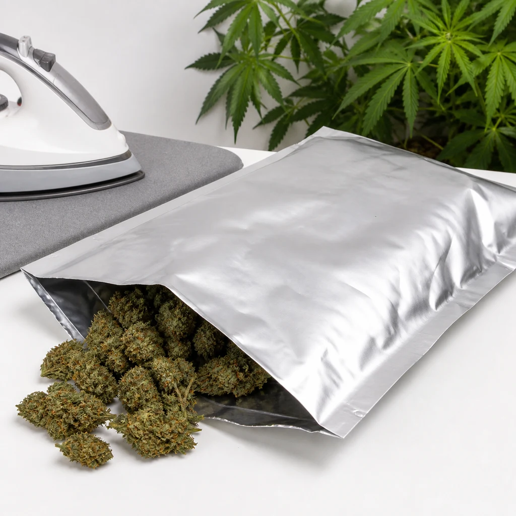 Escena generada de una bolsa plateada abierta con cogollos en su interior y fuera, junto a una plancha y plantas al fondo.