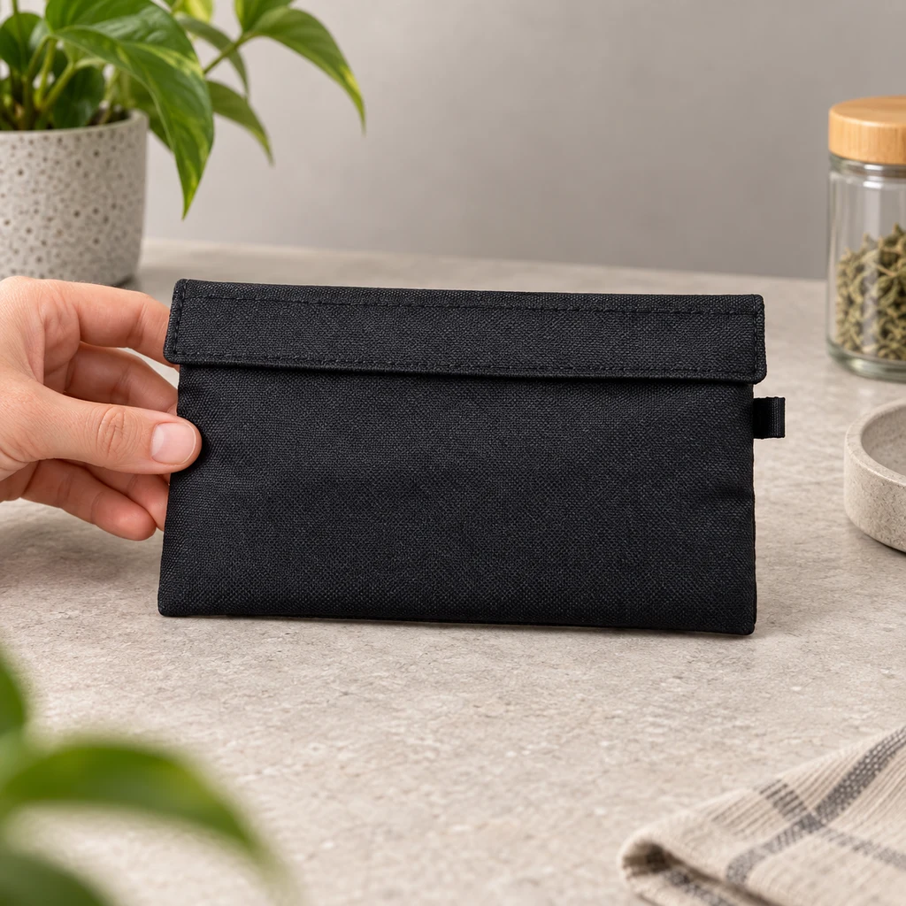 Una mano sostiene la bolsa negra The Money, de formato rectangular con solapa y pequeña presilla lateral, sobre una encimera.