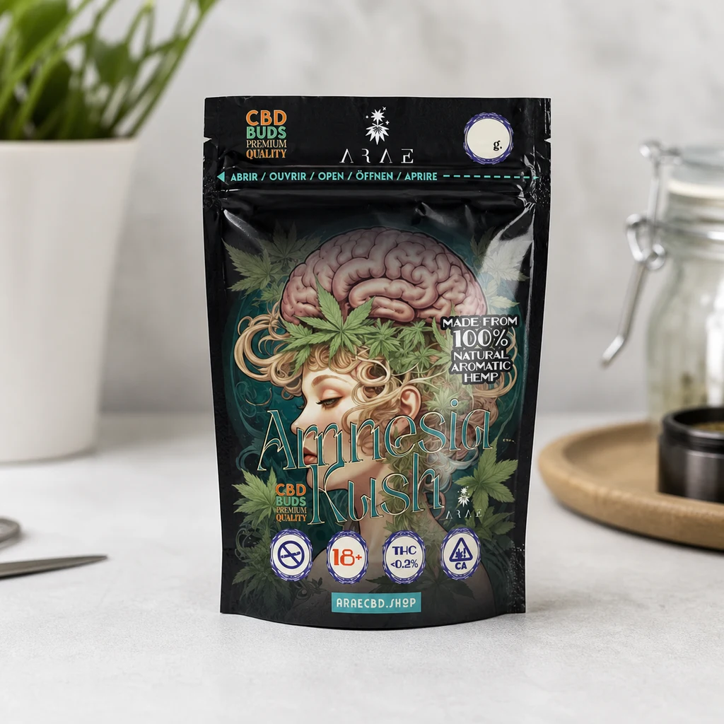 Bolsa negra Amnesia Kush sobre una encimera, con ilustración de un rostro, un cerebro y hojas de cannabis en el frontal.