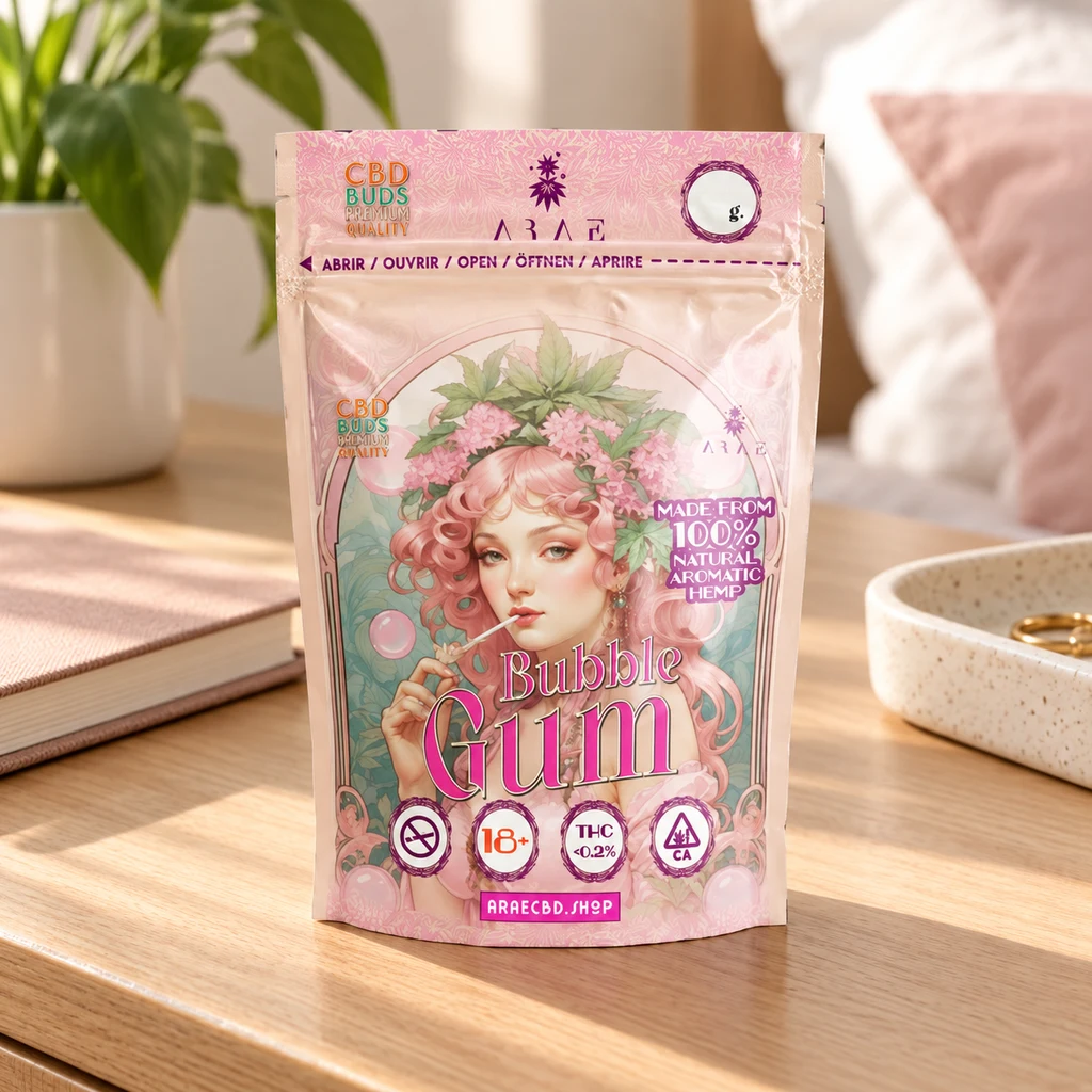 Bolsa rosa Bubble Gum con cierre superior e ilustración de una mujer de pelo rosa, sobre una mesa junto a un cuaderno.