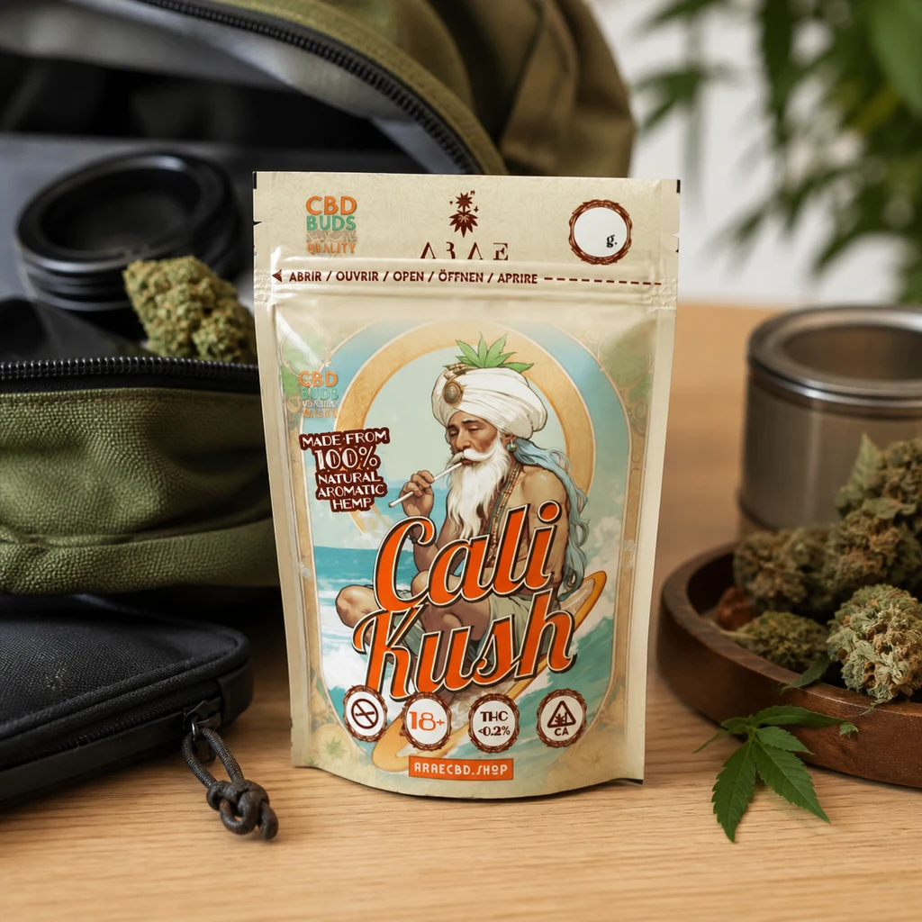 Bolsa Cali Kush con cierre superior e ilustración de un hombre con turbante, sobre una mesa junto a cogollos, un recipiente y estuches.