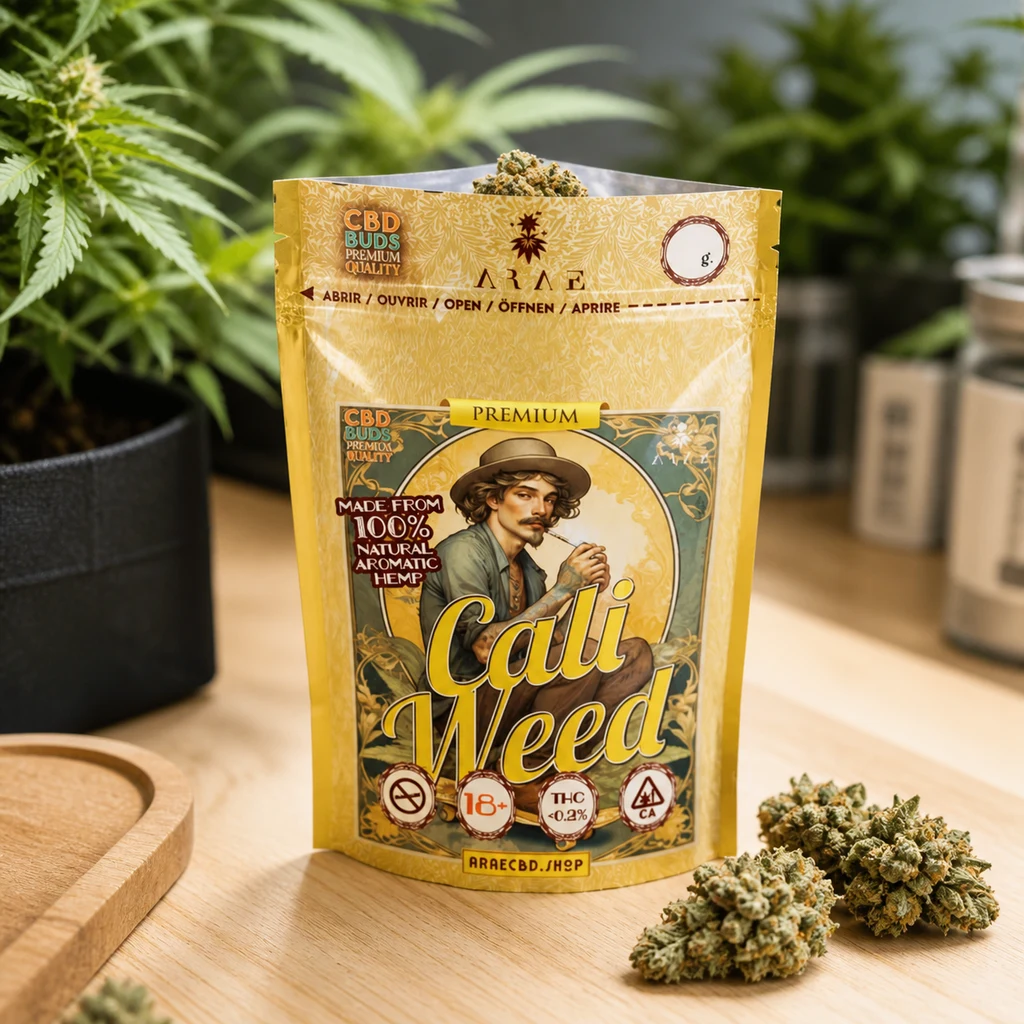 Bolsa amarilla Cali Weed abierta, con ilustración de un hombre con sombrero y cogollos alrededor sobre una mesa de madera.